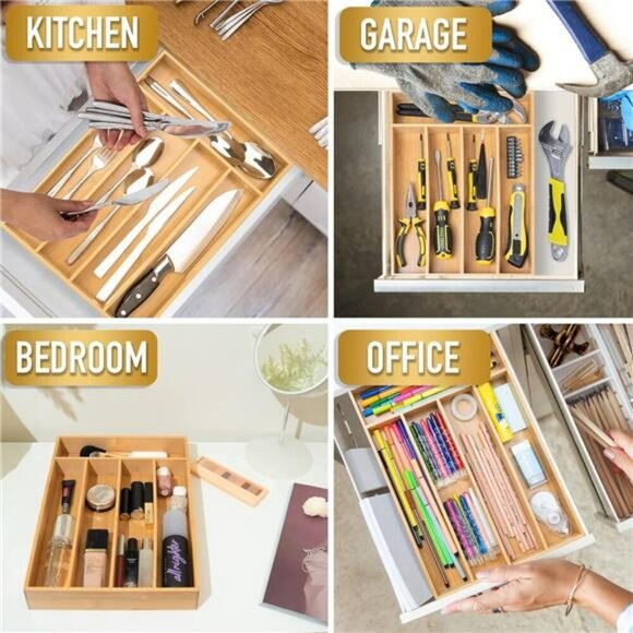 Bamboo Kitchen Drawer Organizer Utensil Cutlery Flatware Tray 5 Slot Holder - Picture 6 of 7